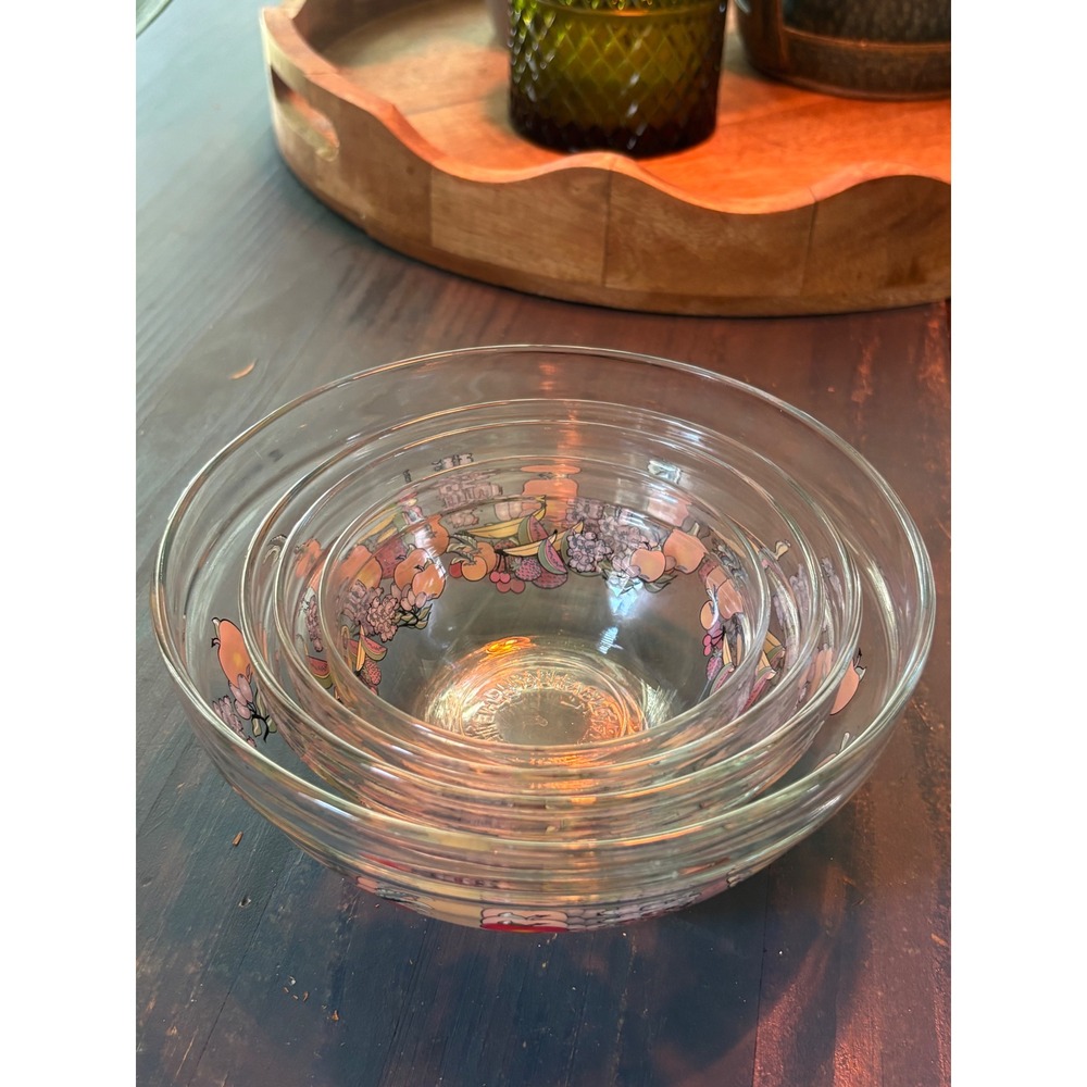 Vintage Fruit Motif Glass Nesting Mixing Bowls Set of 5 Heat Resistant Clear - Picture 7 of 12